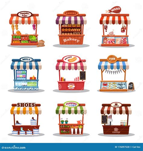 Stall Street Market Vector Illustration Food Market Kiosk With