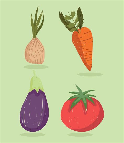 Vegetables Fresh Food Organic Carrot Onion Eggplant And Tomato Icon Set