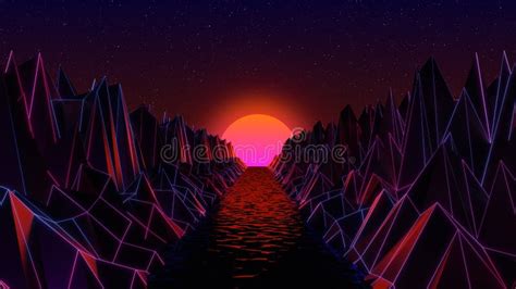 Synthwave Landscape Of Glowing River Mountains And Retro 80s Sun