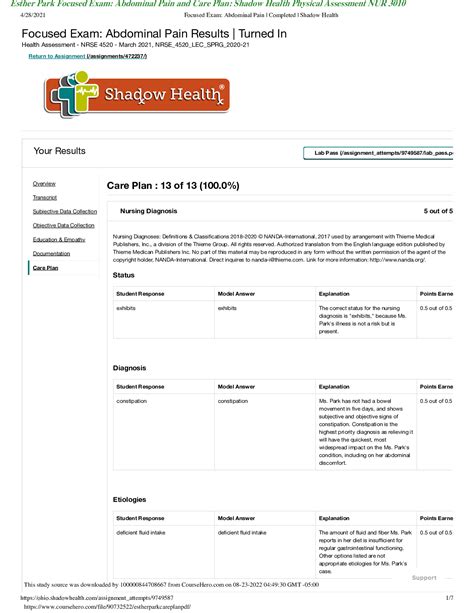 Esther Park Focused Exam Abdominal Pain And Care Plan Shadow Health