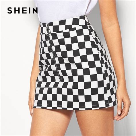 Shein Black And White Lady Casual O Ring Zip Fly Checkered Mini Skirt