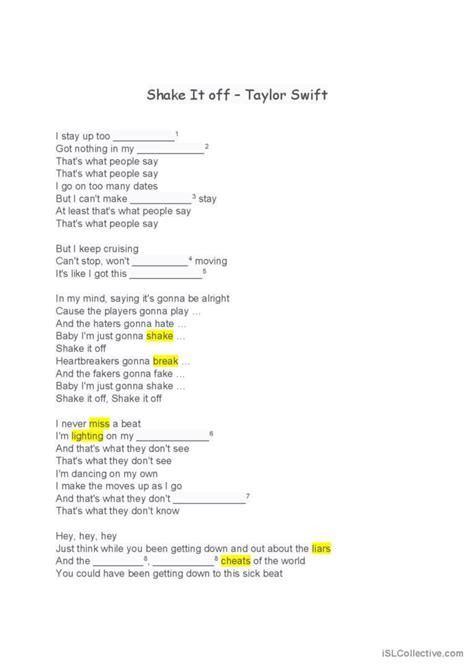 Shake It Off Taylor Swift Nursery English Esl Worksheets Pdf Doc