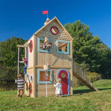 2 Story Outdoor Playhouse With Ramp Big Windows Rope And Bucket And