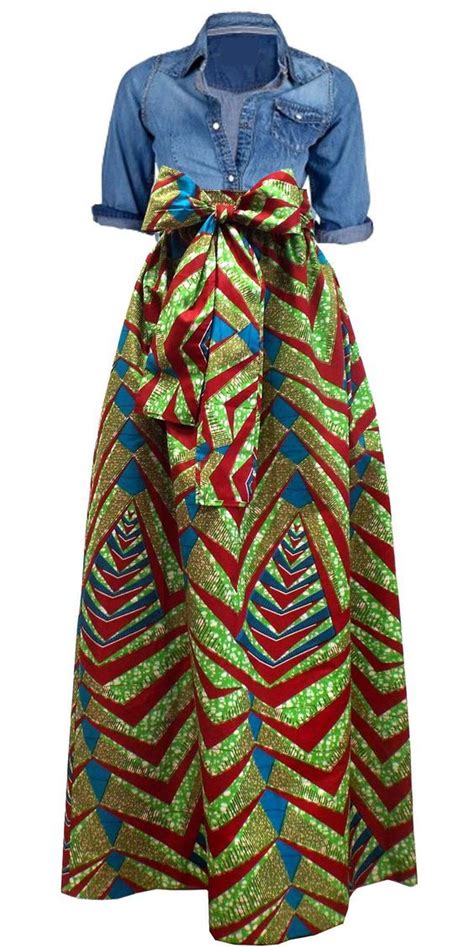 African Print Maxi Skirt With Pockets And Sash Paired With Jean Top