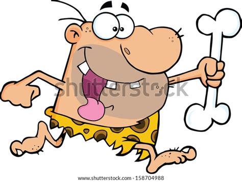 Happy Caveman Running Big Bone Raster Stock Illustration 158704988