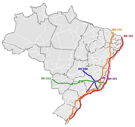 Mapa com disposição geográfica das cinco principais rodovias federais