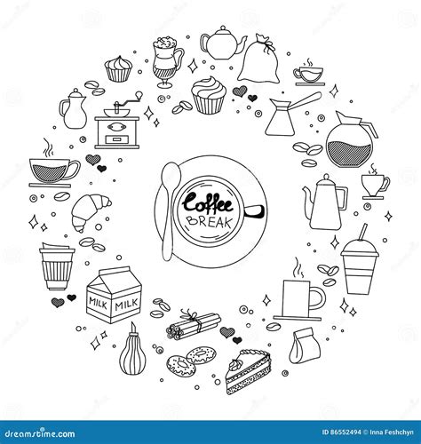 Coffee And Cake Time Doodles Hand Drawn Sketchy Vector Icon Symbols