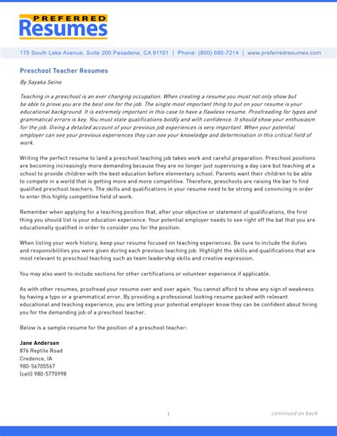 How to describe your experience on a resume for a preschool teacher to get any job you want. Professional Preschool Teacher Resume Sample - Best Resume ...