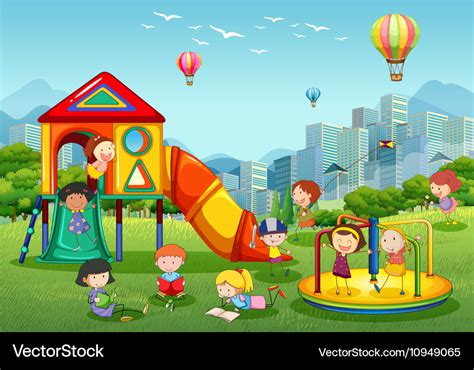 Children Playing At Playground In City Park Vector Image