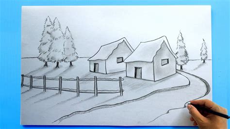 How To Draw Winter Landscape Easy Scenery Drawing Pencil Drawings