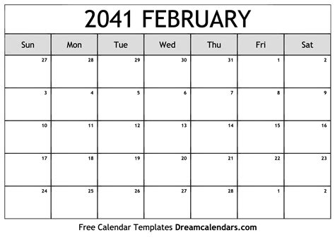 February 2041 Calendar Free Blank Printable Templates