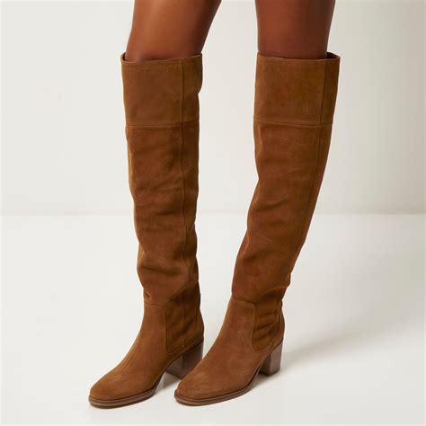 Lyst River Island Tan Brown Suede Knee High Boots In Brown