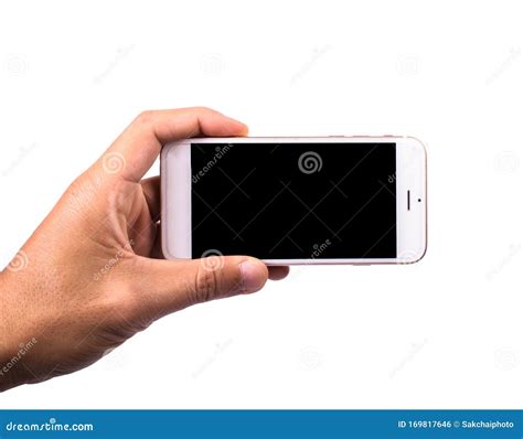 Man Hand Holding Horizontal The White Smartphone With Blank Screen