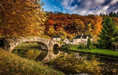 Wallpaper House River Bridge Autumn Countryside Foliage Images For