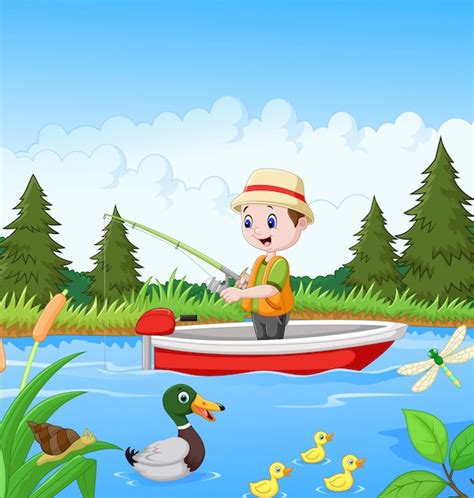 Niño De Dibujos Animados Pescando En Un Barco Vector Premium