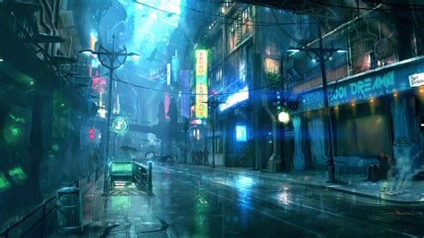 Rainy Night City Street Buildings Art Design Wallpaper Creative