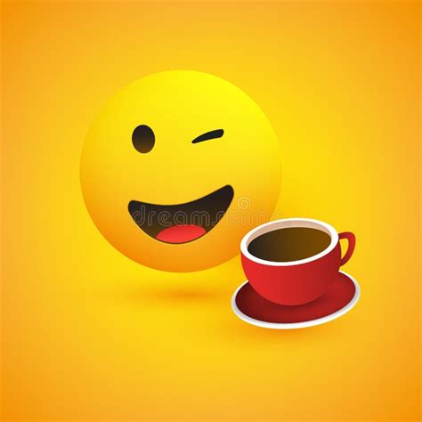 Smiling And Winking Emoji With A Cup Of Coffee Simple Shiny Happy