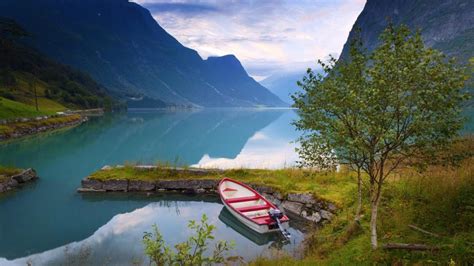 Norway Beautiful Nature Scenery Lake Mountains Clouds Boat Trees