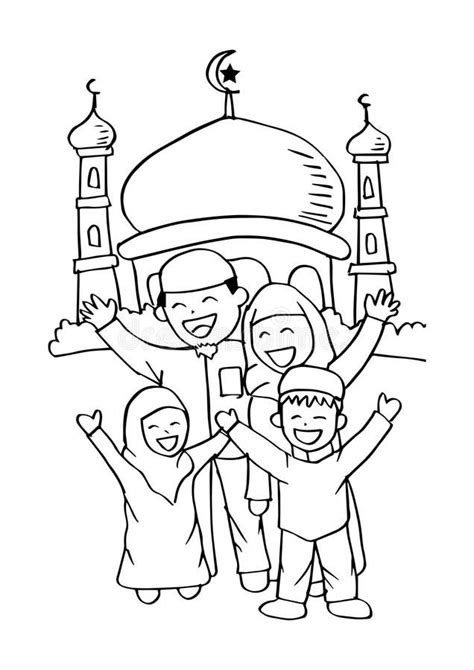 illustration  happy muslim family   mosque cartoon style