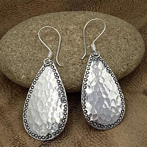 Sterling Silver Handmade Hammered Drop Shape Dangle Earrings 2 Long T For Her