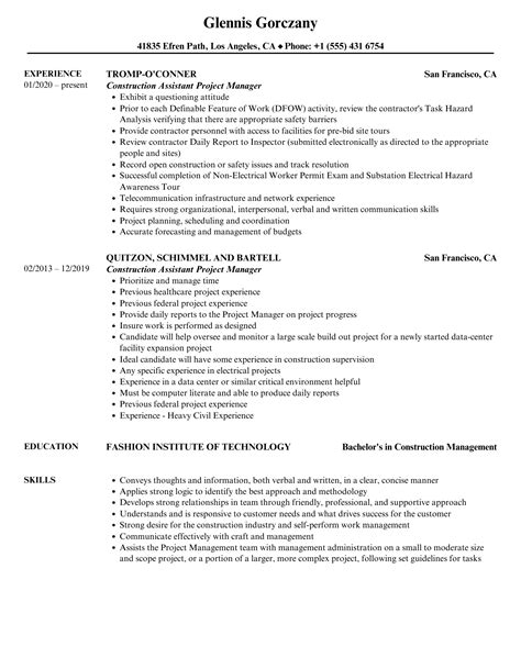 Construction Assistant Project Manager Resume Samples Velvet Jobs