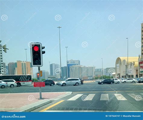 Dubai Digital Traffic Signal On Beautiful Road Crossing With Zebra