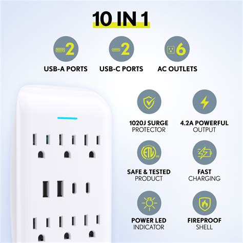 Overtime 6 Outlet Extending Surge Protector Multi Outlet Extender Wall