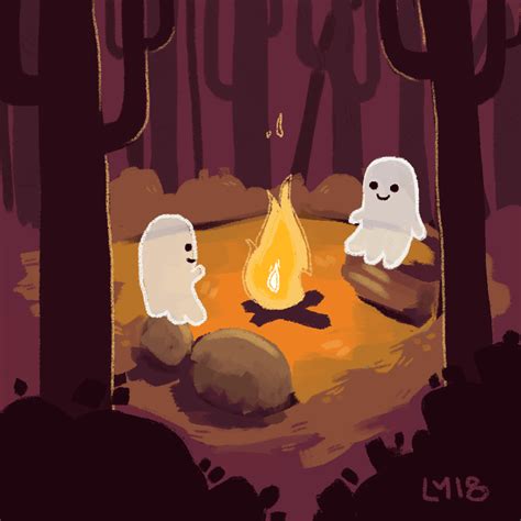 two ghost sitting around a campfire in the woods