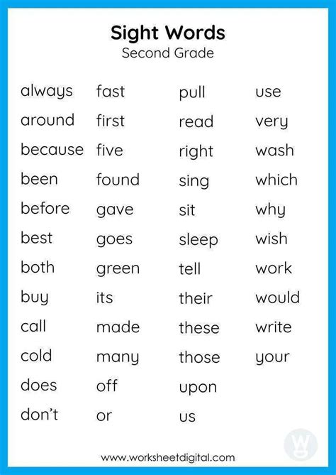 Sight Words Second Grade Worksheet Digital