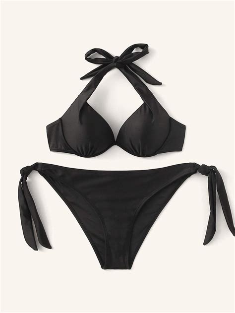 Black Halter Top Swimsuit With Tie Side Bikini Bottom Bikinis Black
