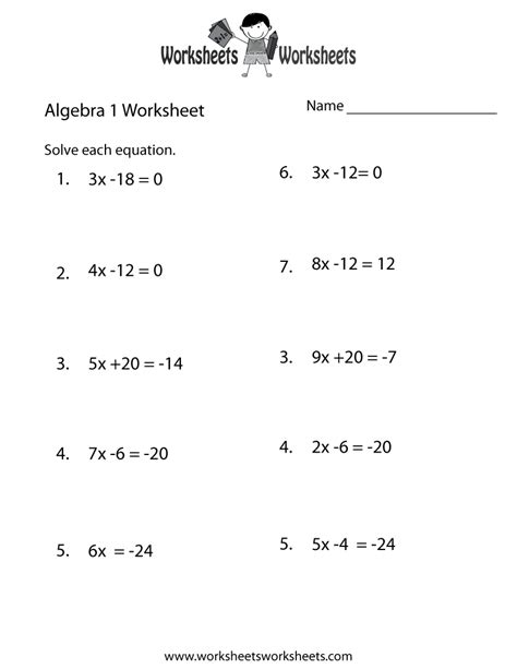 Algebra 1 Practice Worksheet Printable Algebra Worksheets Basic