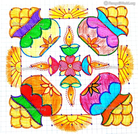 Another kolam with dot grid 7 to 1 dots idukku pulli is in the images below showing the steps to draw this kolam. Pongal sunrise vilaku kolam | 13 - 13 Parallel Dots