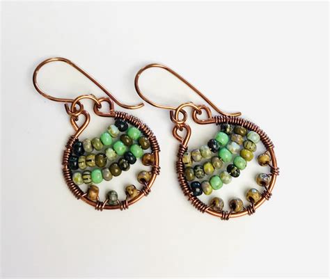 Copper Wire Wrap Hoop Earrings With Seed Beads Sundance Etsy In