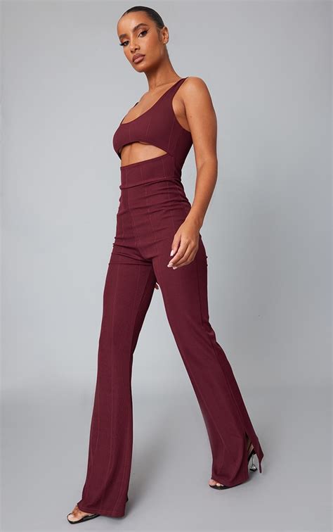 Burgundy Bandage Cut Out Chest Flared Jumpsuit Prettylittlething