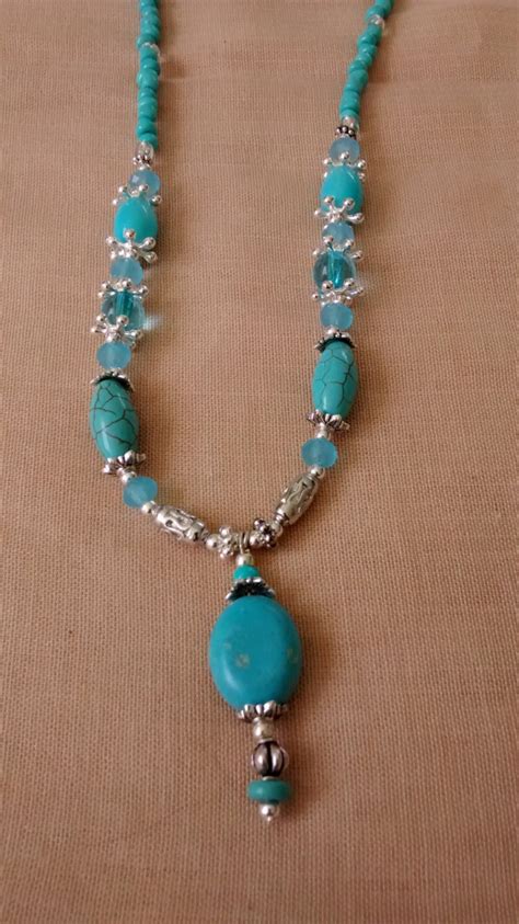 Handmade Genuine Turquoise Stone Glass Bead Silver Necklace Etsy