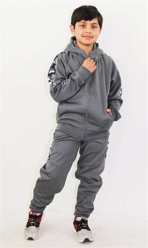 Kids Boys Girls Tracksuit Camouflage Panelled Grey Hooded Top Bottom