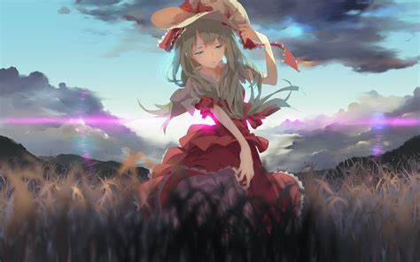 Wallpaper Landscape Sunset Long Hair Anime Girls Grass Hat