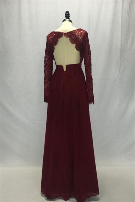 Buy Long Sleeves V Neck Lace Chiffon A Line Maroon Prom Dresses