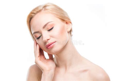 Gorgeous Naked Blonde Woman Closed Eyes Posing White Body Care Concept