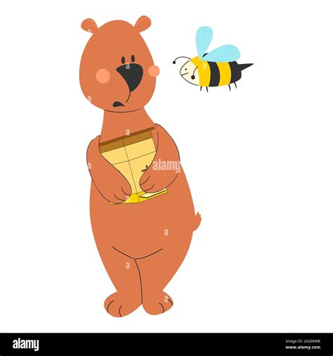 Cute Cartoon Bear With Beehive And Bee Vector Illustration Stock