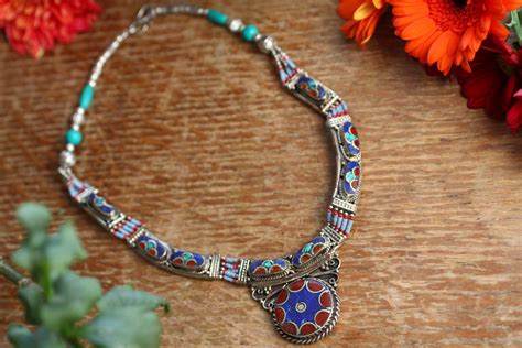 statement tibetan necklace coral and turquoise nepalese buddhist indian afghani vintage