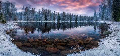 The finns really know how to do winter. Wallpaper : 2048x959 px, cold, Finland, forest, lake, landscape, morning, nature, reflection ...