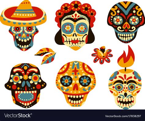 Dead Day Mexico Skulls Set Royalty Free Vector Image