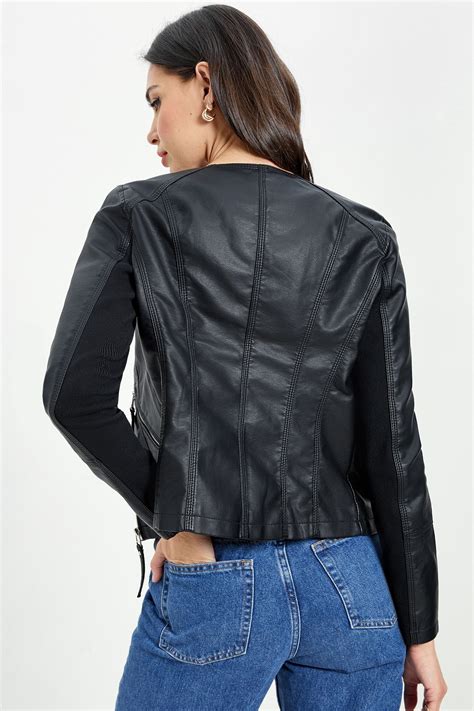 Buy Vero Moda Black Collarless Faux Leather Biker Jacket From The Next