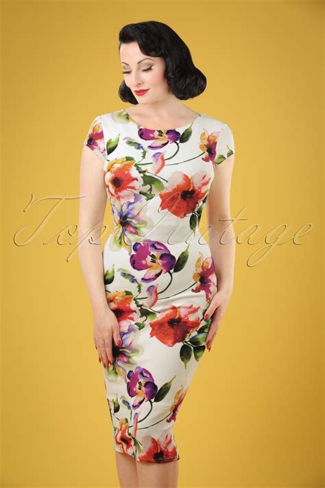 50s Marcia Floral Pique Pencil Dress In Ivory