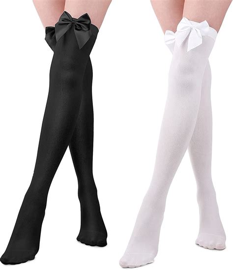 2 Pairs Opaque Bow Stockings Thigh High Stockings Black White Knee High Socks With Bows Women S