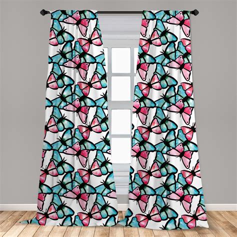 Teal Curtains 2 Panels Set Hand Drawn Watercolor Abstract Butterflies