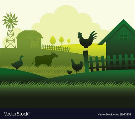 Farm With Animals Silhouette Background Royalty Free Vector