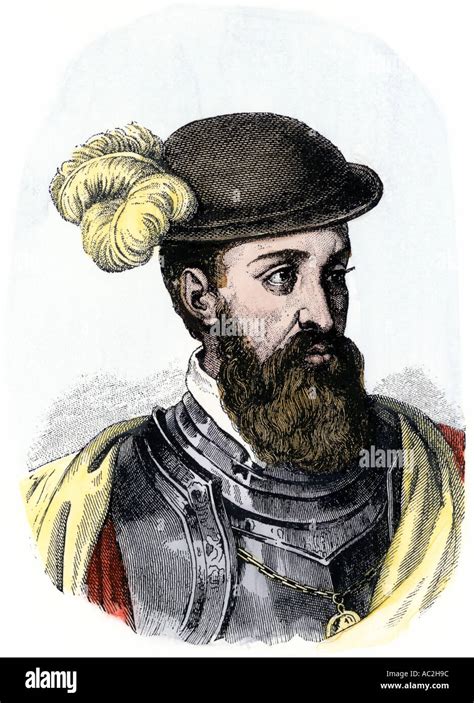 Spanish Explorer Francisco Pizarro Portrait Hand Colored Woodcut Stock