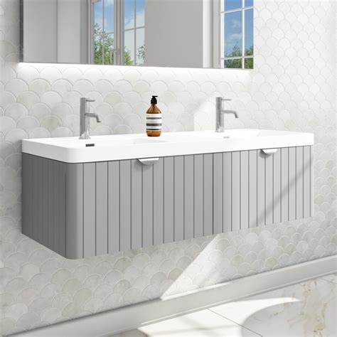 1200mm Wall Hung Double Basin Vanity Unit With Basins Matt Grey With